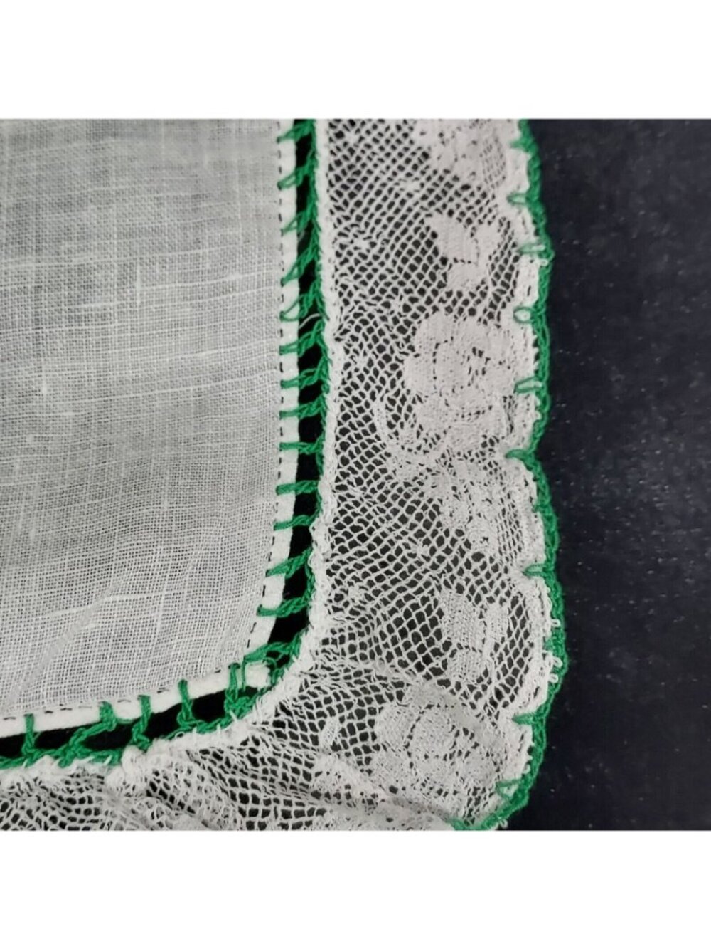 Handerchief Antique 13x13 Handmade French Lace 1920 Wedding Green Embroridred - Picture 3 of 8